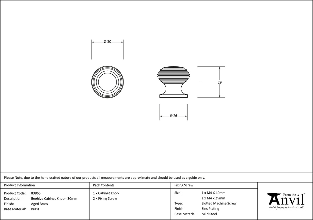 Aged Brass Beehive Cabinet Knob 30mm - 83865 - Technical Drawing