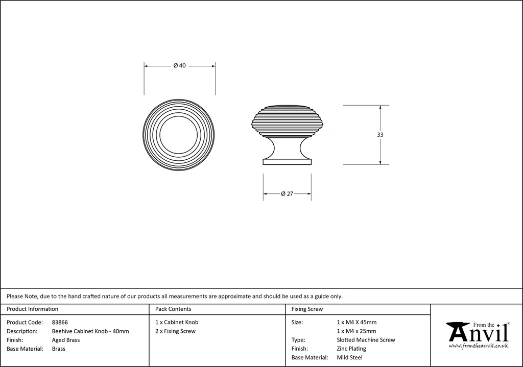 Aged Brass Beehive Cabinet Knob 40mm - 83866 - Technical Drawing