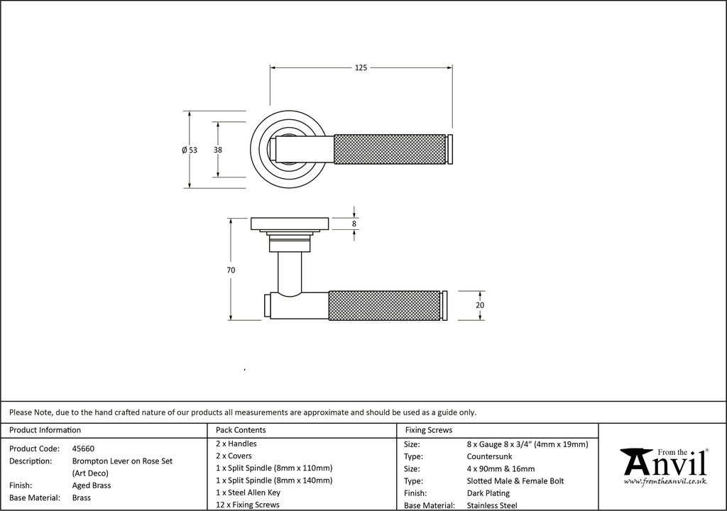 Aged Brass Brompton Lever on Rose Set (Art Deco) - 45660 - Technical Drawing