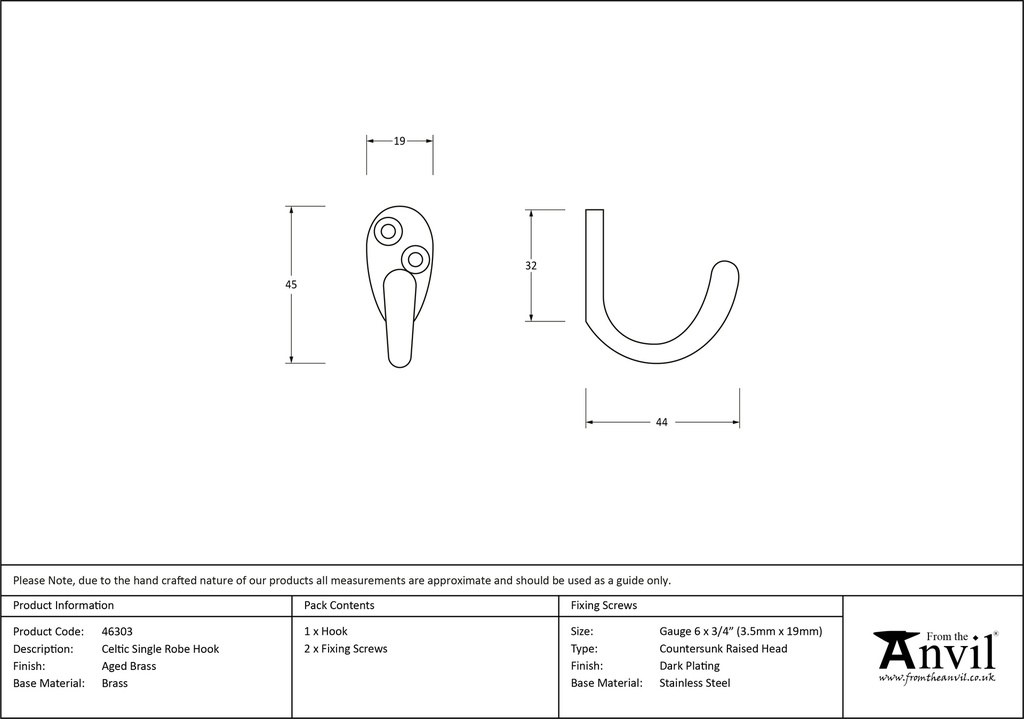 Aged Brass Celtic Single Robe Hook - 46303 - Technical Drawing