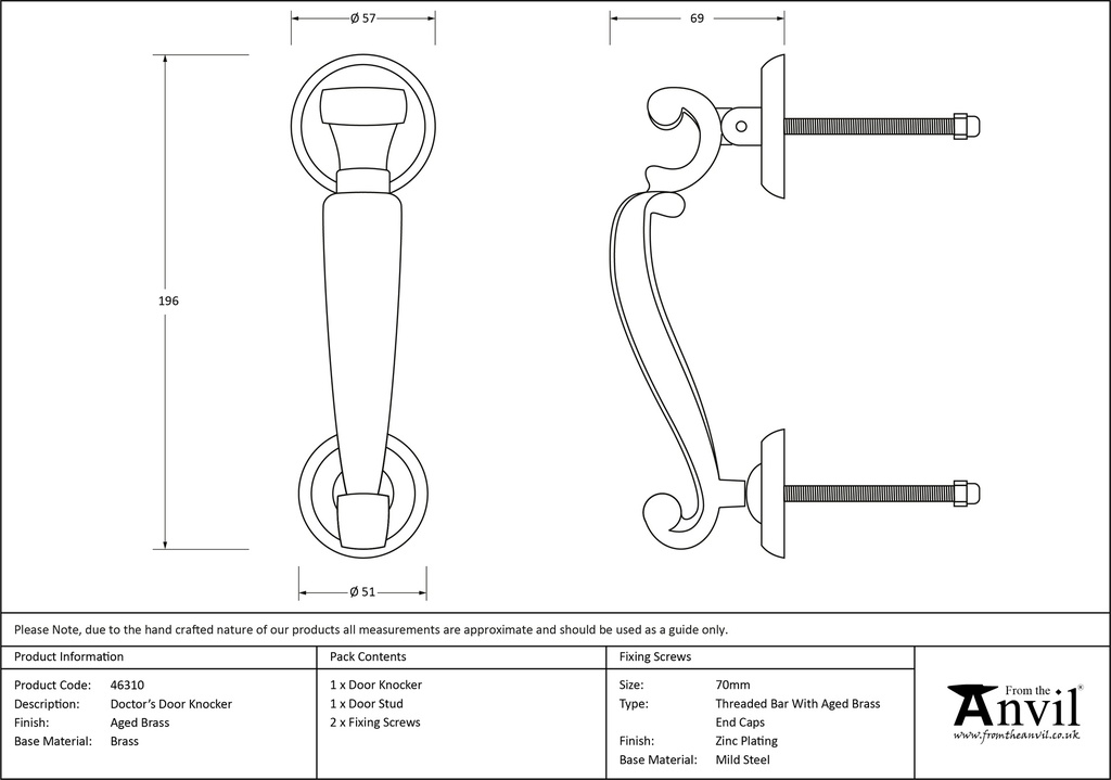 Aged Brass Doctors Door Knocker - 46310 - Technical Drawing