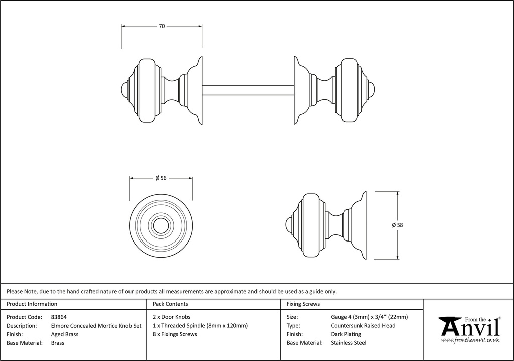 Aged Brass Elmore Concealed Mortice Knob Set - 83864 - Technical Drawing