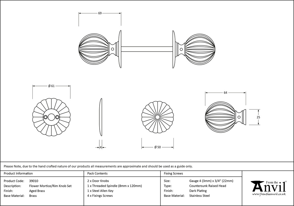 Aged Brass Flower Mortice/Rim Knob Set - 39010 - Technical Drawing