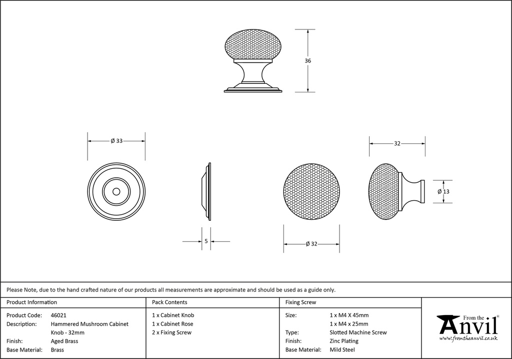 Aged Brass Hammered Mushroom Cabinet Knob 32mm - 46021 - Technical Drawing