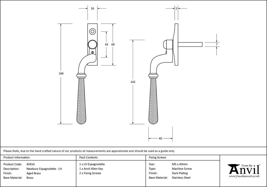 Aged Brass Hammered Newbury Espag - LH - 45914 - Technical Drawing