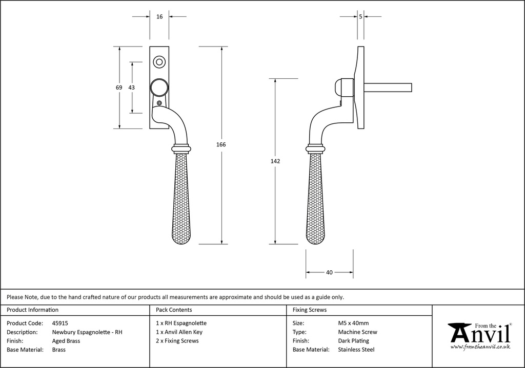 Aged Brass Hammered Newbury Espag - RH - 45915 - Technical Drawing
