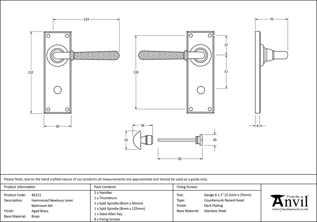 Aged Brass Hammered Newbury Lever Bathroom Set - 46211 - Technical Drawing