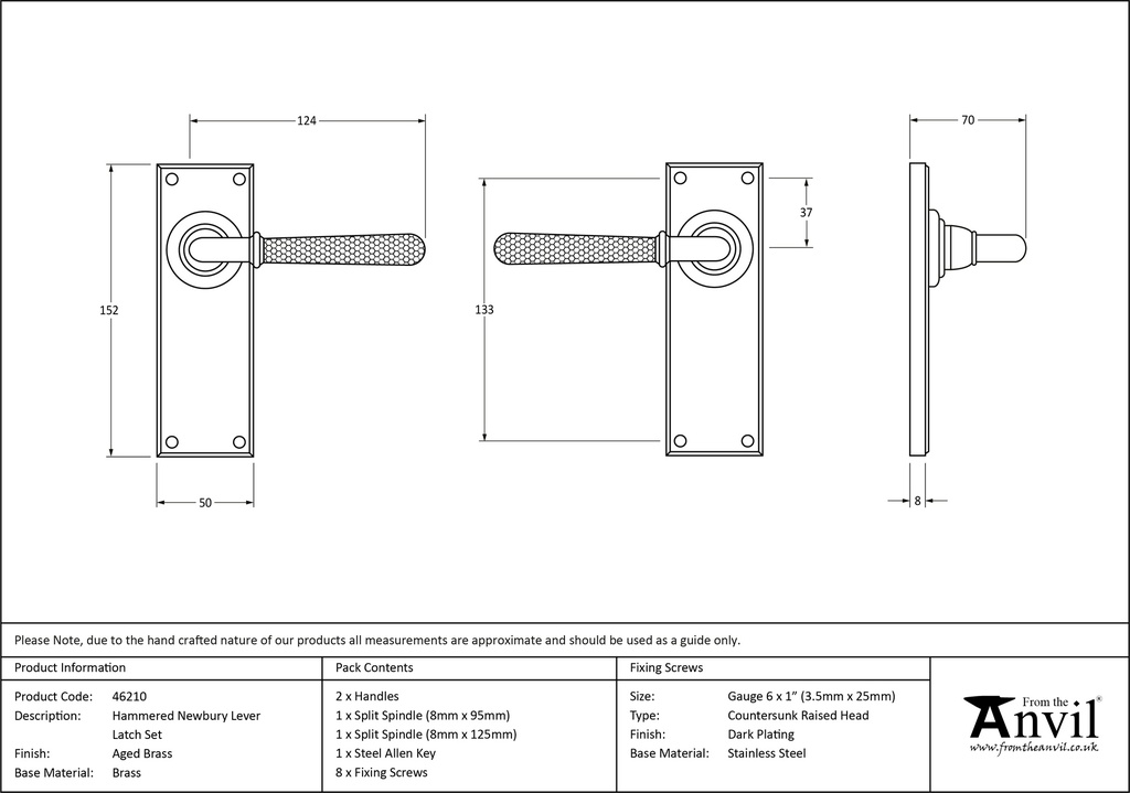 Aged Brass Hammered Newbury Lever Latch Set - 46210 - Technical Drawing