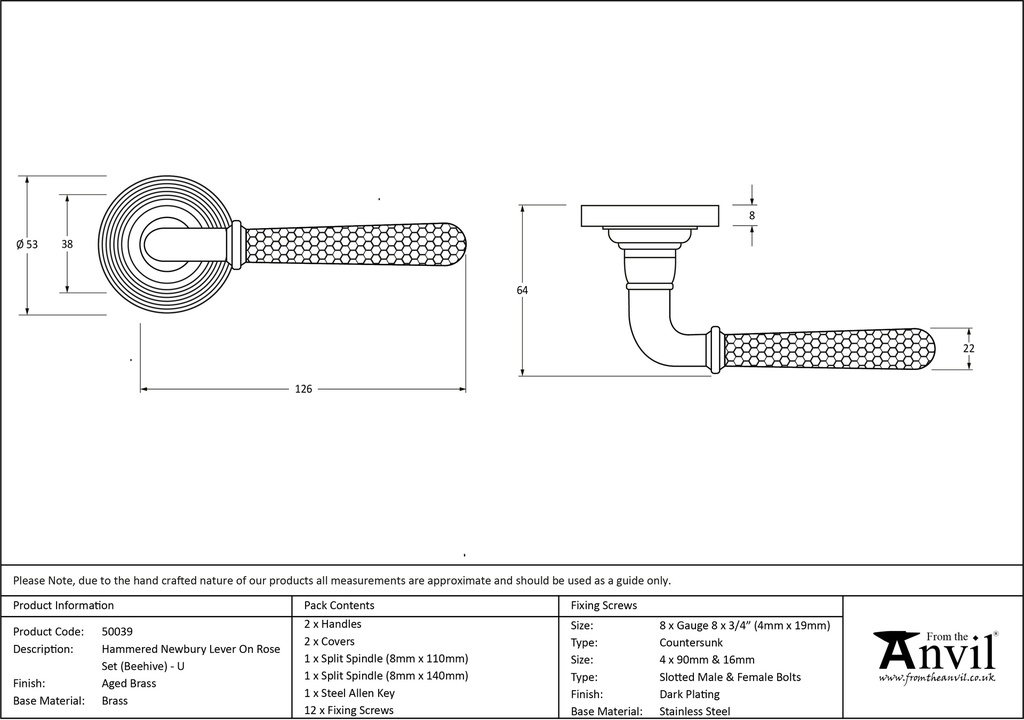 Aged Brass Hammered Newbury Lever on Rose Set (Beehive) - Unsprung - 50039 - Technical Drawing