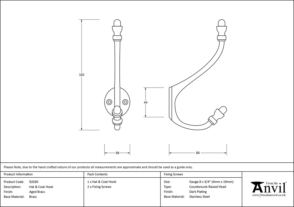 Aged Brass Hat &amp; Coat Hook - 92030 - Technical Drawing
