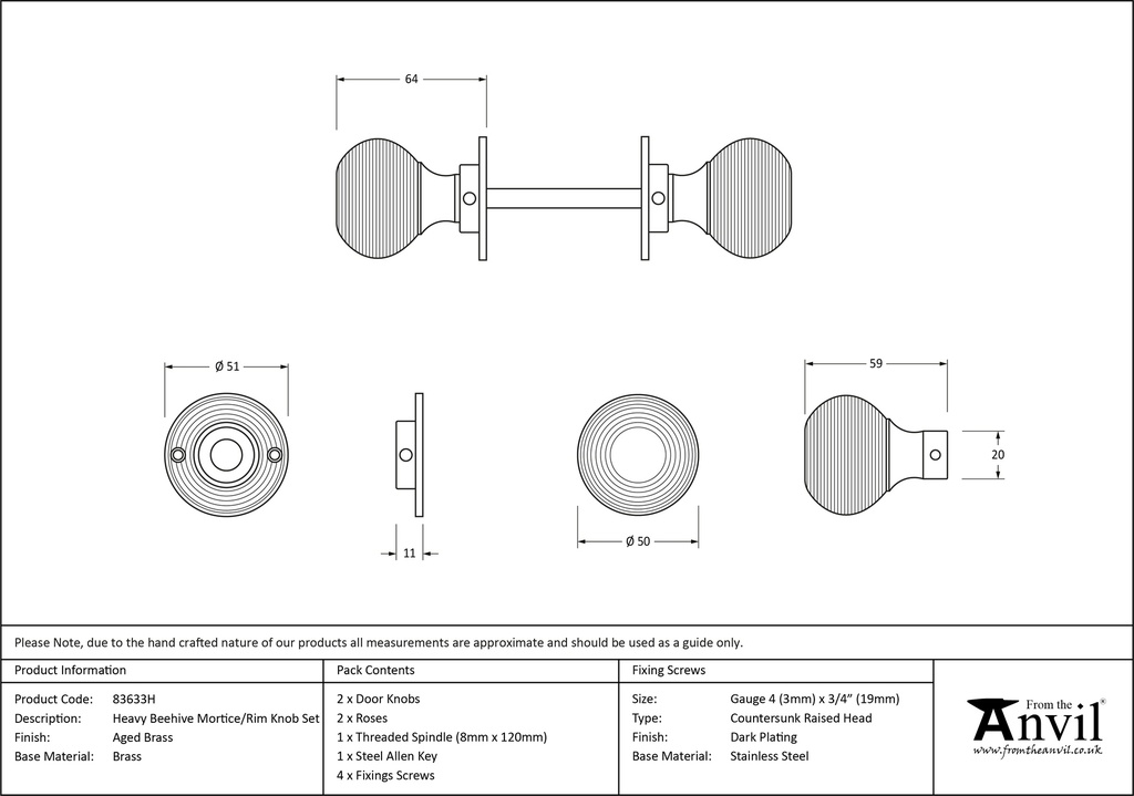 Aged Brass Heavy Beehive Mortice/Rim Knob Set - 83633H - Technical Drawing