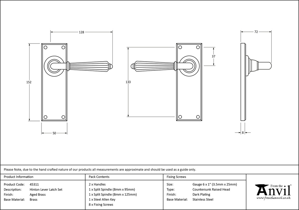 Aged Brass Hinton Lever Latch Set - 45311 - Technical Drawing