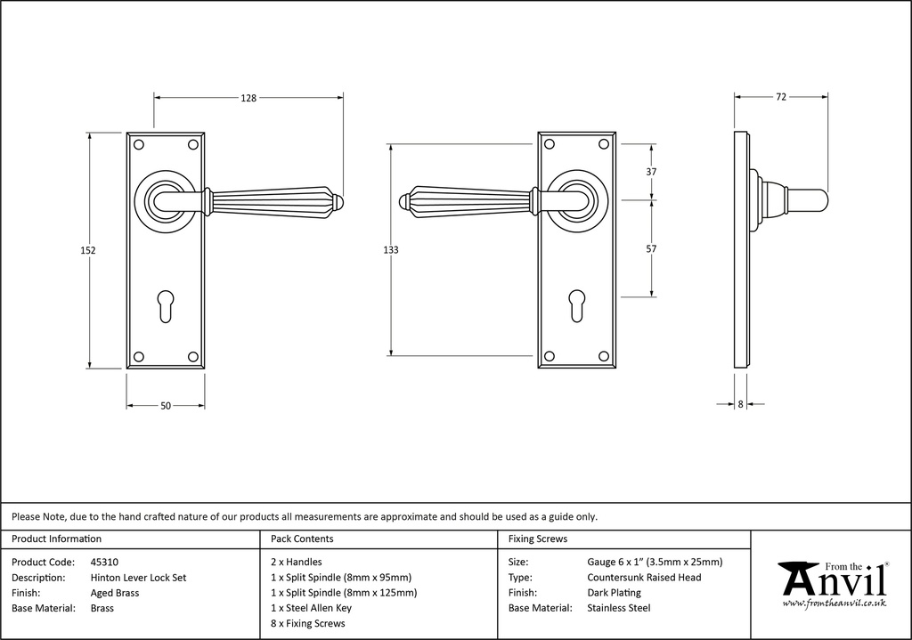 Aged Brass Hinton Lever Lock Set - 45310 - Technical Drawing