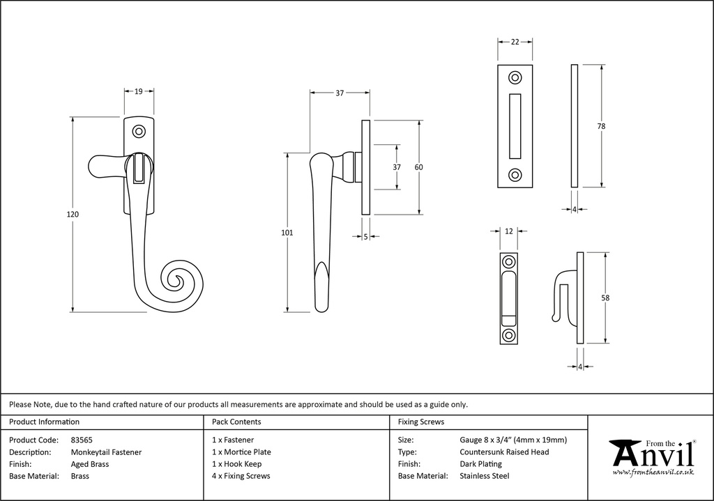 Aged Brass Monkeytail Fastener - 83565 - Technical Drawing