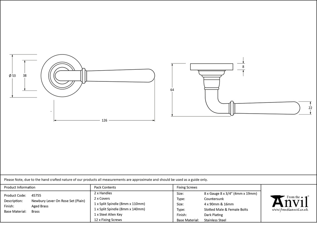 Aged Brass Newbury Lever on Rose Set (Plain) - 45755 - Technical Drawing