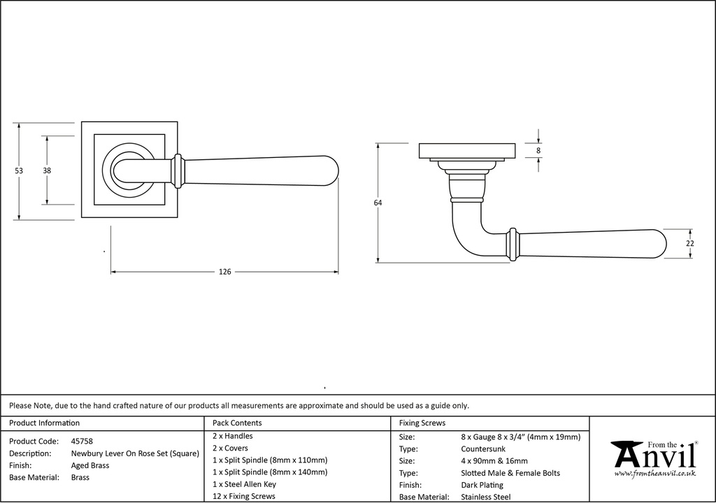 Aged Brass Newbury Lever on Rose Set (Square) - 45758 - Technical Drawing