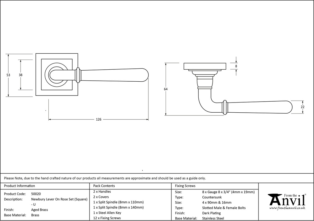 Aged Brass Newbury Lever on Rose Set (Square) - Unsprung - 50020 - Technical Drawing