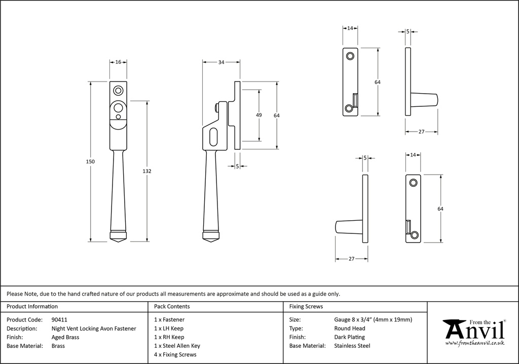 Aged Brass Night-Vent Locking Avon Fastener - 90411 - Technical Drawing