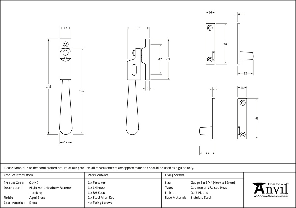 Aged Brass Night-Vent Locking Newbury Fastener - 91442 - Technical Drawing