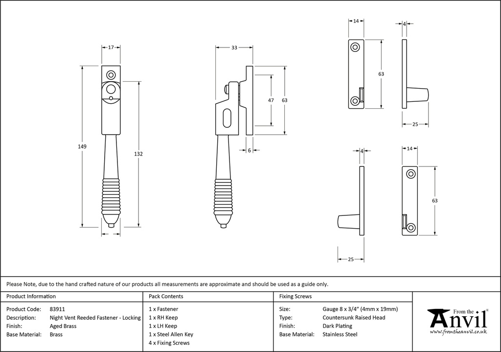 Aged Brass Night-Vent Locking Reeded Fastener - 83911 - Technical Drawing