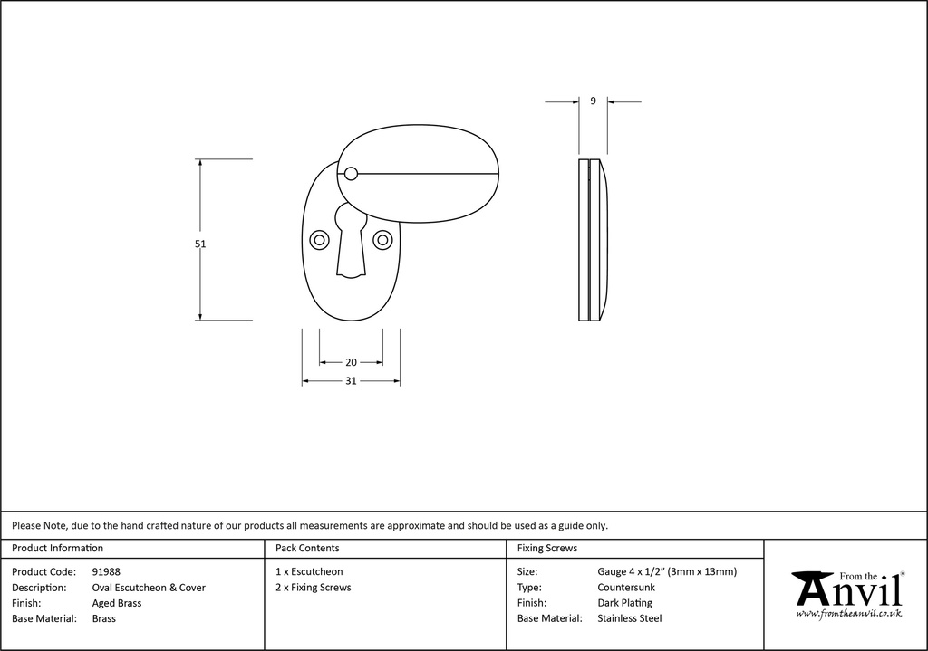 Aged Brass Oval Escutcheon &amp; Cover - 91988 - Technical Drawing