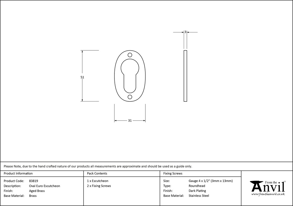 Aged Brass Oval Euro Escutcheon - 83819 - Technical Drawing