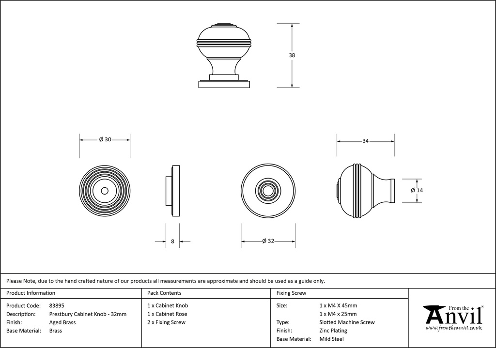 Aged Brass Prestbury Cabinet Knob 32mm - 83895 - Technical Drawing