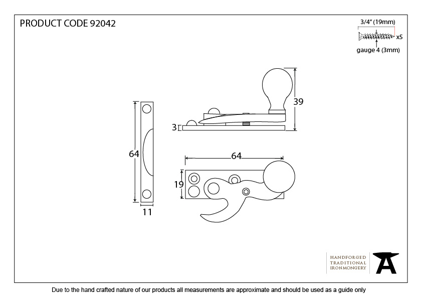 Aged Brass Prestbury Sash Hook Fastener - 92042 - Technical Drawing