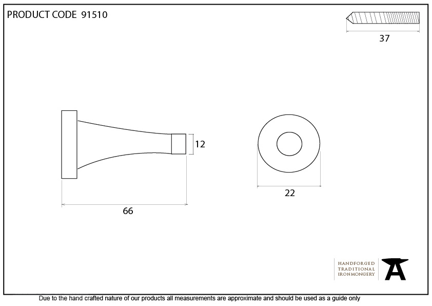Aged Brass Projection Door Stop - 91510 - Technical Drawing