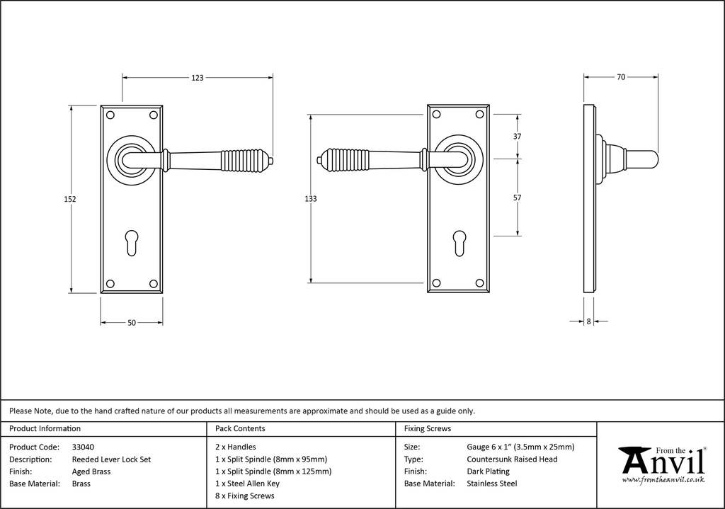 Aged Brass Reeded Lever Lock Set - 33040 - Technical Drawing