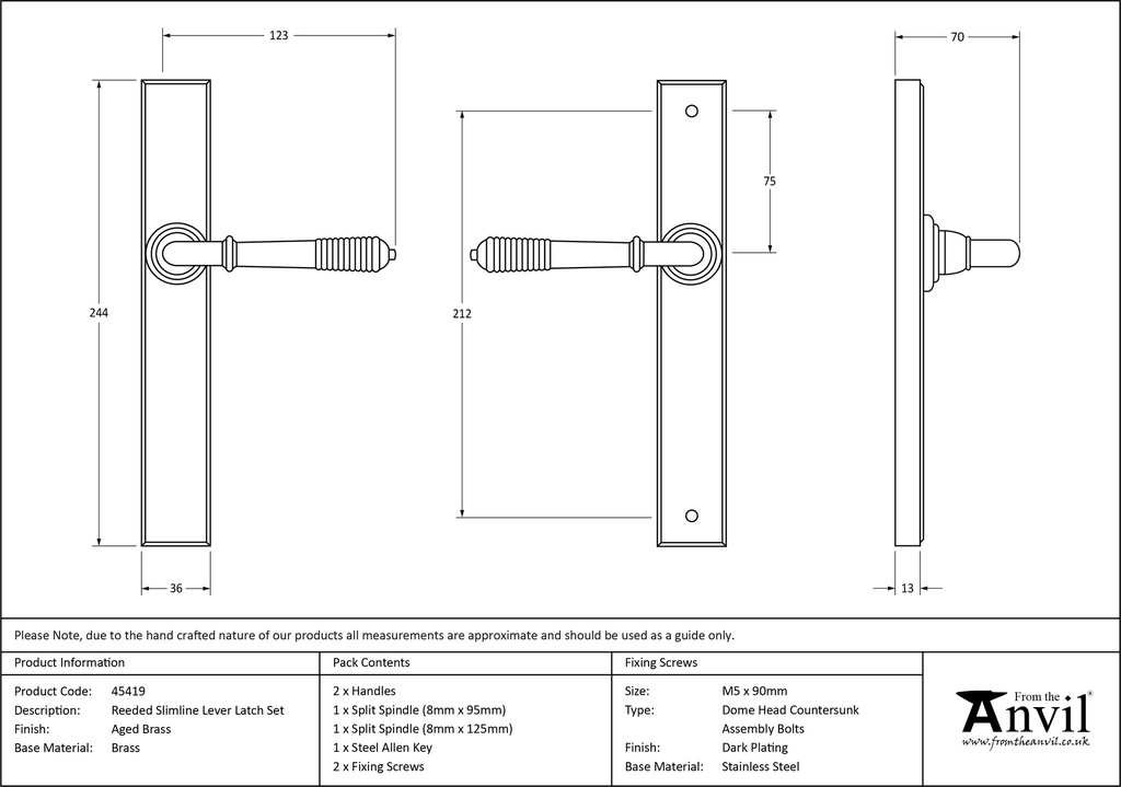 Aged Brass Reeded Slimline Lever Latch Set - 45419 - Technical Drawing