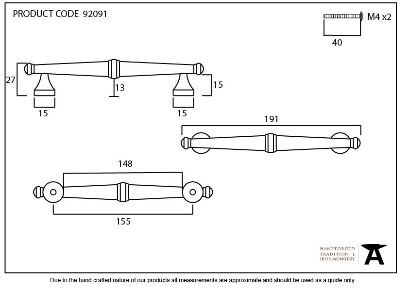 Aged Brass Regency Pull Handle - Medium - 92091 - Technical Drawing