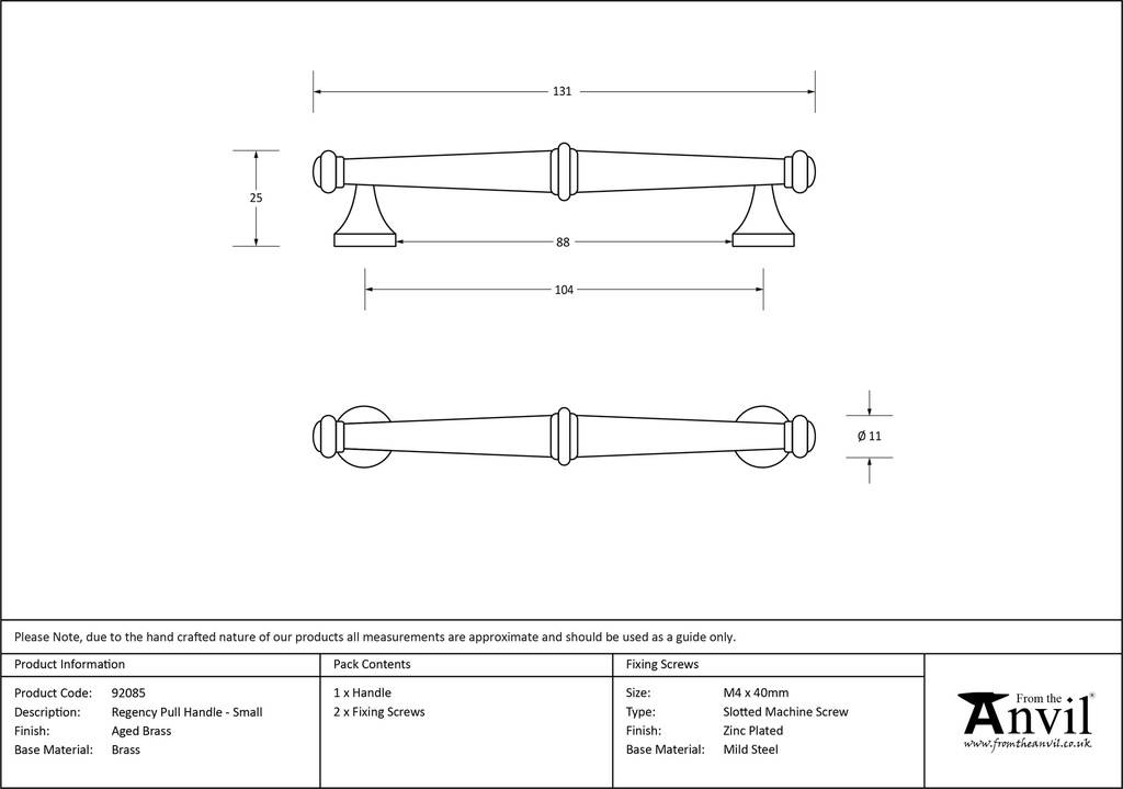 Aged Brass Regency Pull Handle - Small - 92085 - Technical Drawing