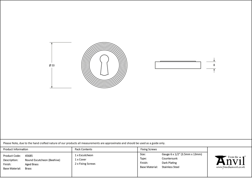 Aged Brass Round Escutcheon (Beehive) - 45685 - Technical Drawing