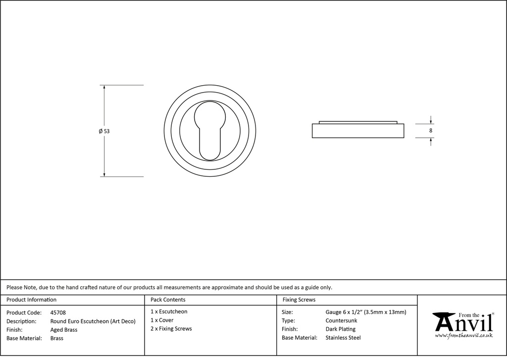 Aged Brass Round Euro Escutcheon (Art Deco) - 45708 - Technical Drawing