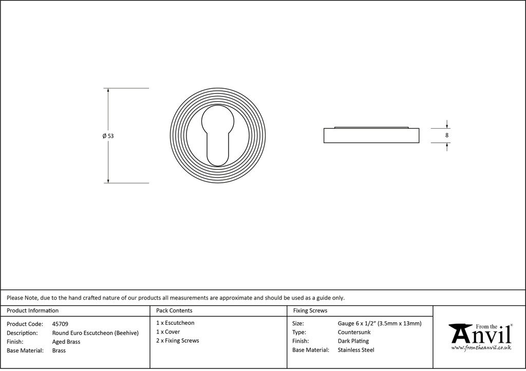 Aged Brass Round Euro Escutcheon (Beehive) - 45709 - Technical Drawing