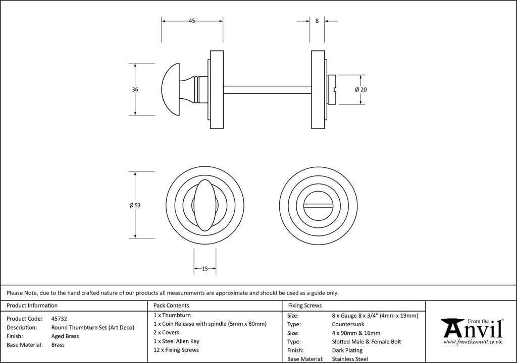 Aged Brass Round Thumbturn Set (Art Deco) - 45732 - Technical Drawing