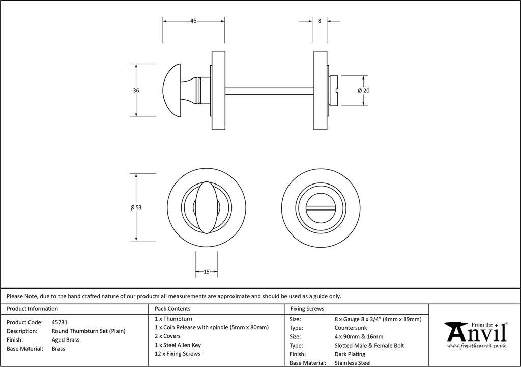 Aged Brass Round Thumbturn Set (Plain) - 45731 - Technical Drawing