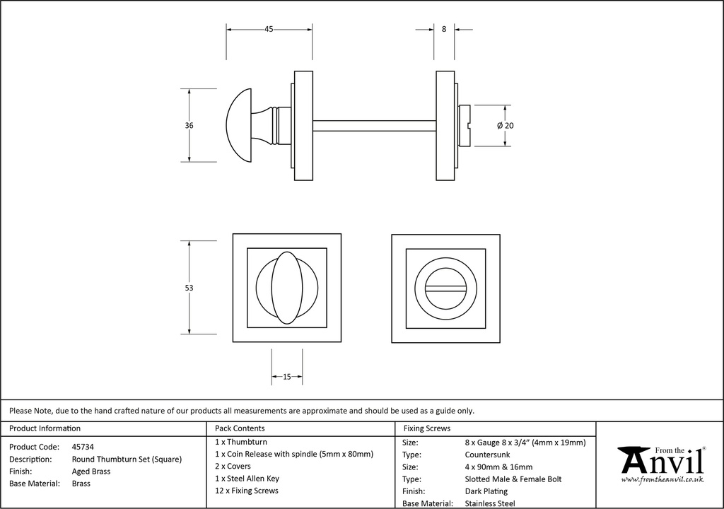 Aged Brass Round Thumbturn Set (Square) - 45734 - Technical Drawing