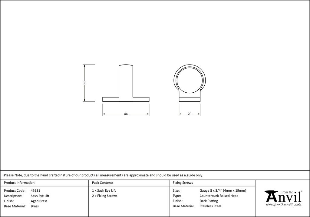 Aged Brass Sash Eye Lift - 45931 - Technical Drawing