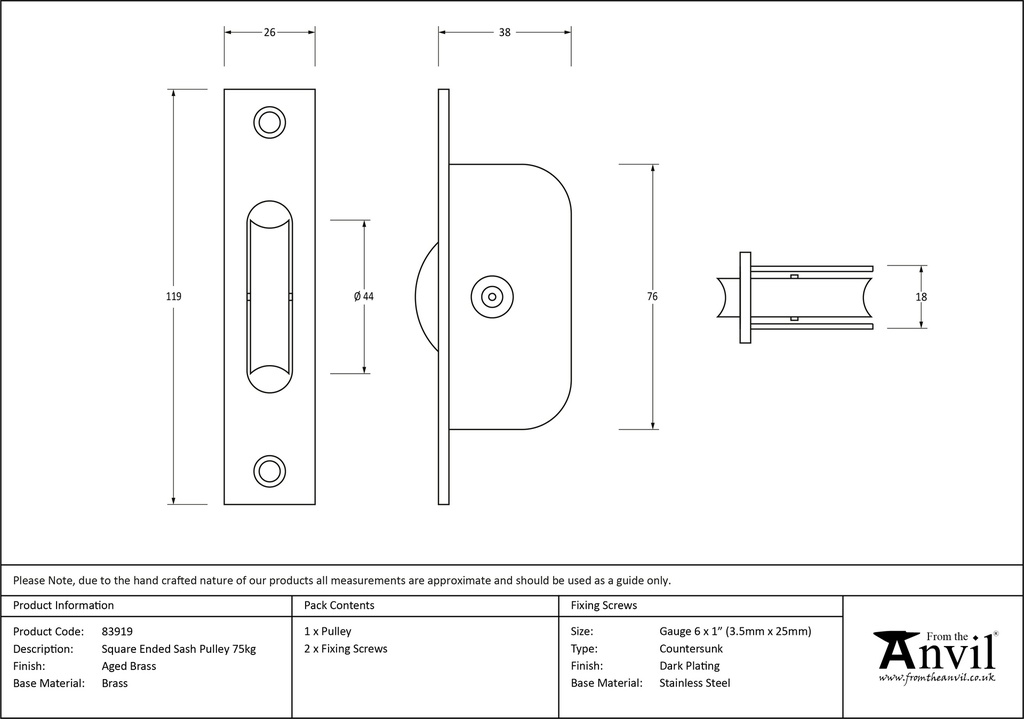 Aged Brass Square Ended Sash Pulley 75kg - 83919 - Technical Drawing