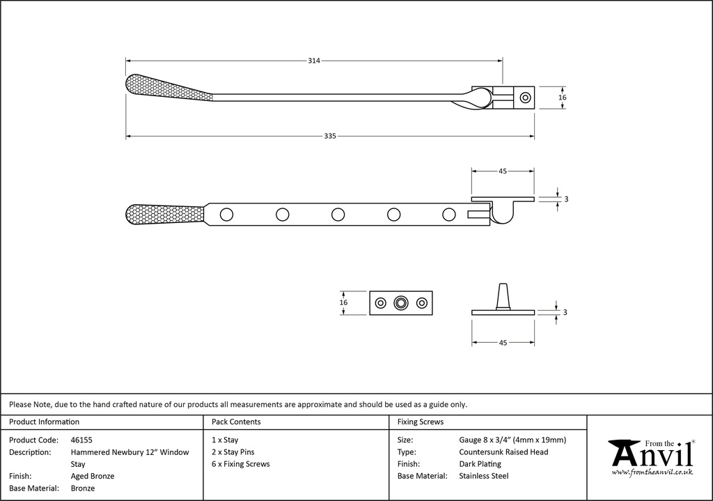 Aged Bronze 12&quot; Hammered Newbury Stay - 46155 - Technical Drawing