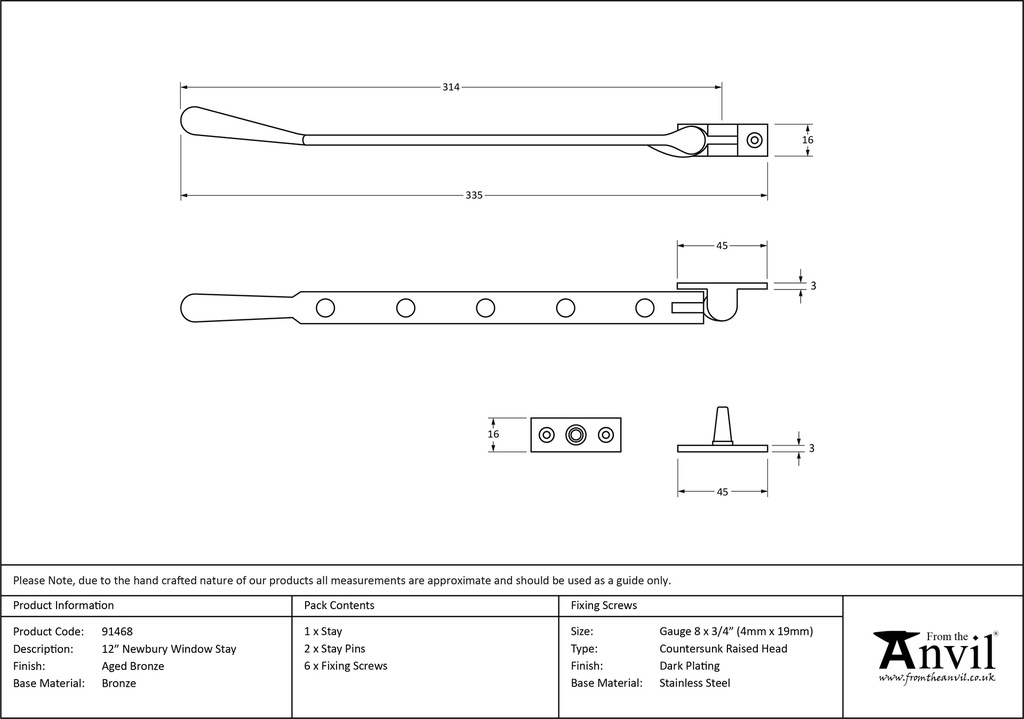 Aged Bronze 12&quot; Newbury Stay - 91468 - Technical Drawing