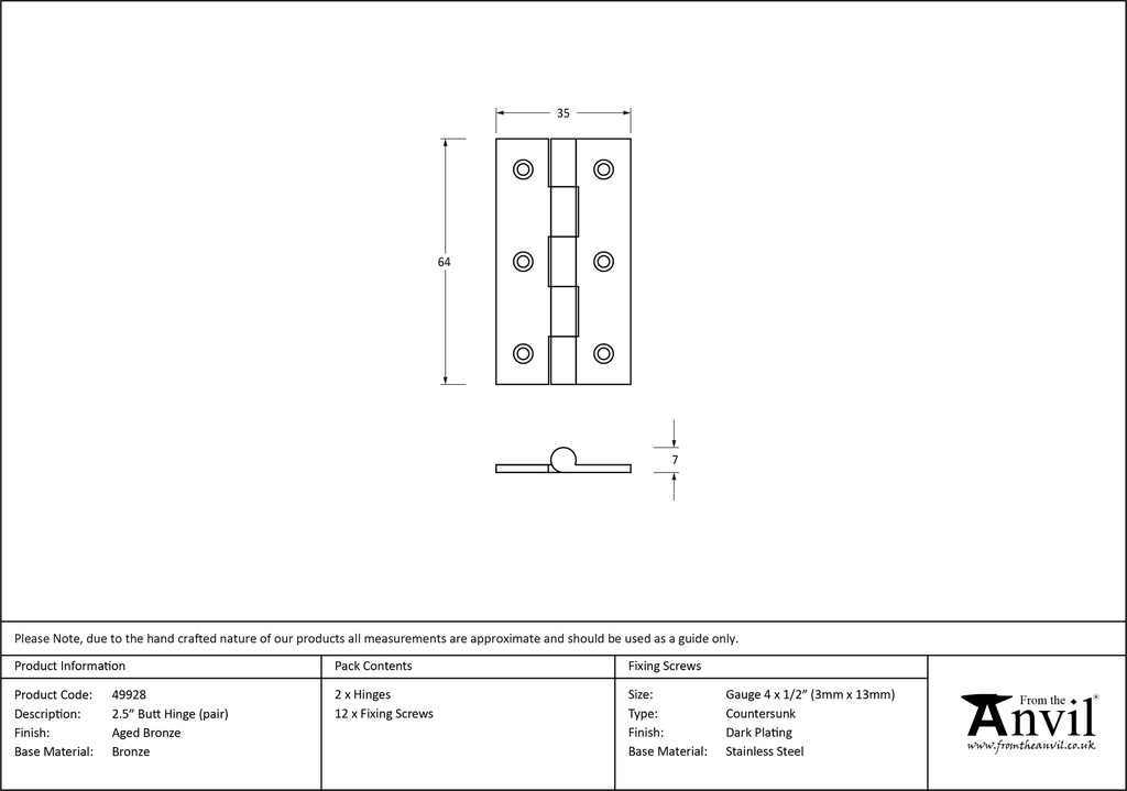 Aged Bronze 2.5&quot; Butt Hinge (pair) - 49928 - Technical Drawing