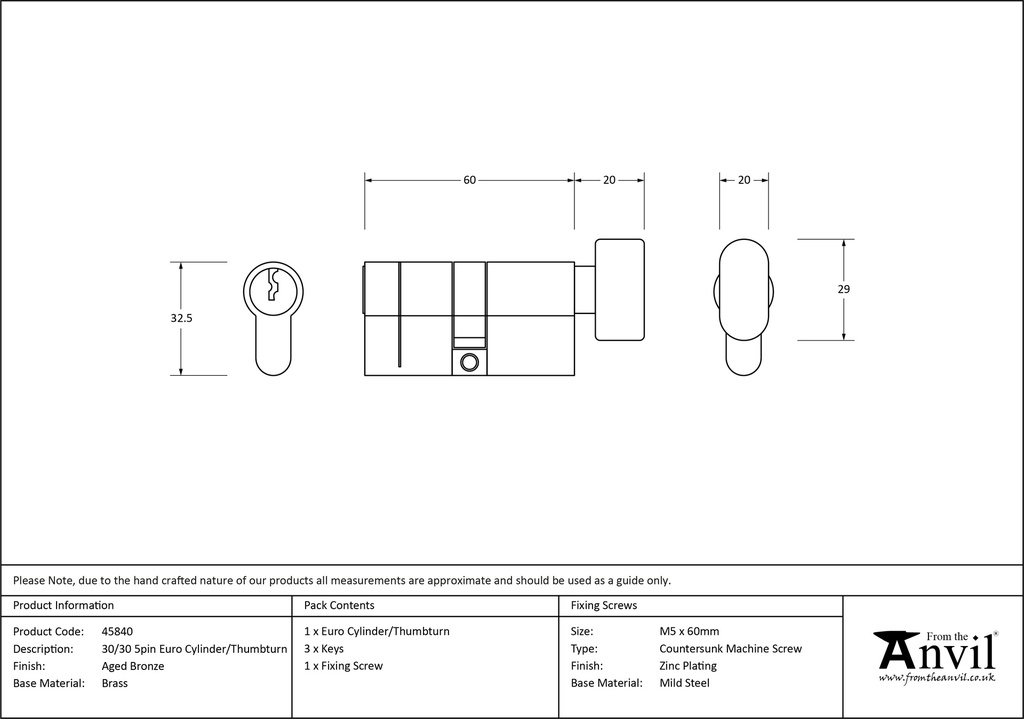 Aged Bronze 30/30 5pin Euro Cylinder/Thumbturn - 45840 - Technical Drawing