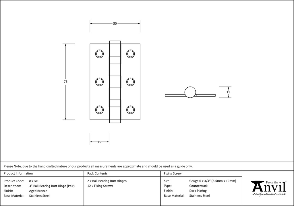 Aged Bronze 3&quot; Ball Bearing Butt Hinge (pair) ss - 83976 - Technical Drawing