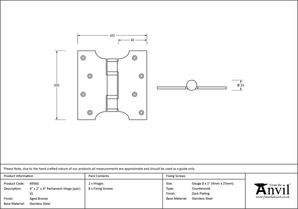 Aged Bronze 4&quot; x 2&quot; x 4&quot;  Parliament Hinge (pair) ss - 49560 - Technical Drawing