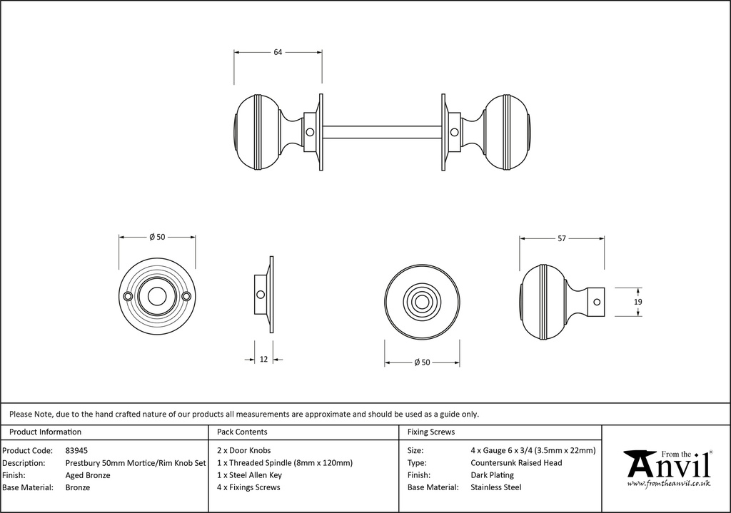 Aged Bronze 50mm Prestbury Mortice/Rim Knob Set - 83945 - Technical Drawing