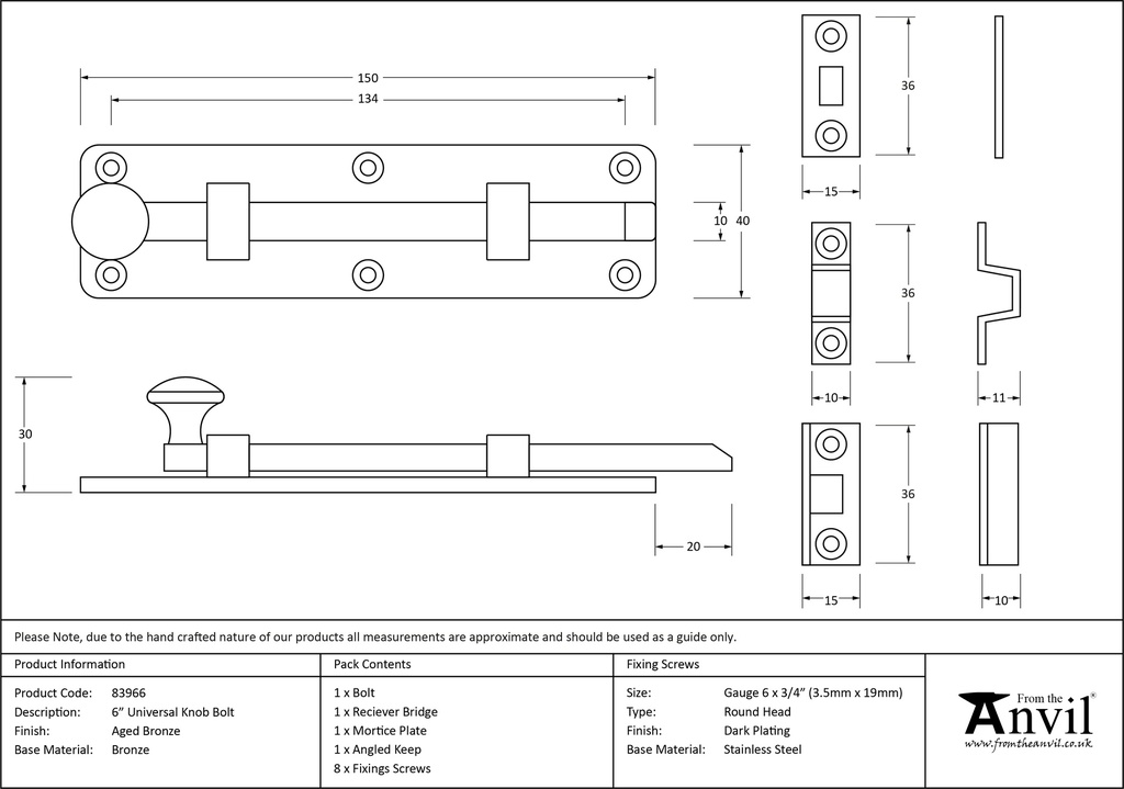 Aged Bronze 6&quot; Universal Bolt - 83966 - Technical Drawing