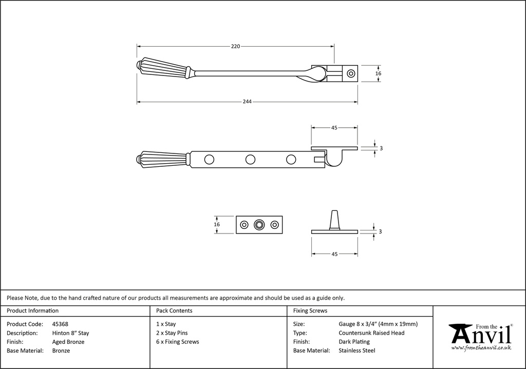 Aged Bronze 8&quot; Hinton Stay - 45368 - Technical Drawing